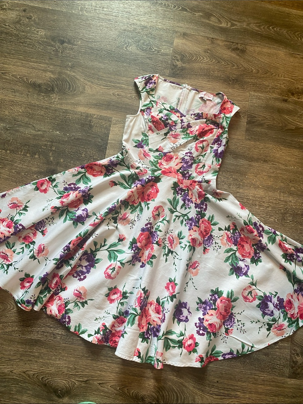 Floral Fit & Flare Casual Dress in White with Pink & Purple Blooms